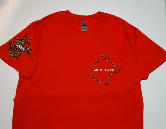 Gato - Orange and Leopard Print Gato- Red, White, and Blue Americana T-Shirt